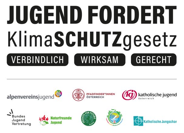 Schriftzug "Jugend fordert Klimaschutzgesetz" - verbindlich, wirksam, gerecht. Logos der an der Aktion beteiligten Organisationen
